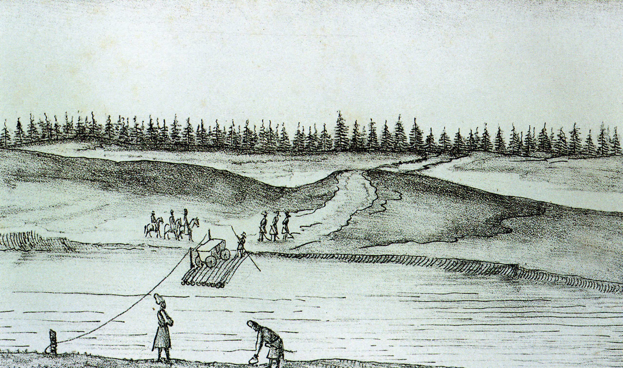 Переправа через реку Мошно. Карета на пароме. XVII в. Гравюра.